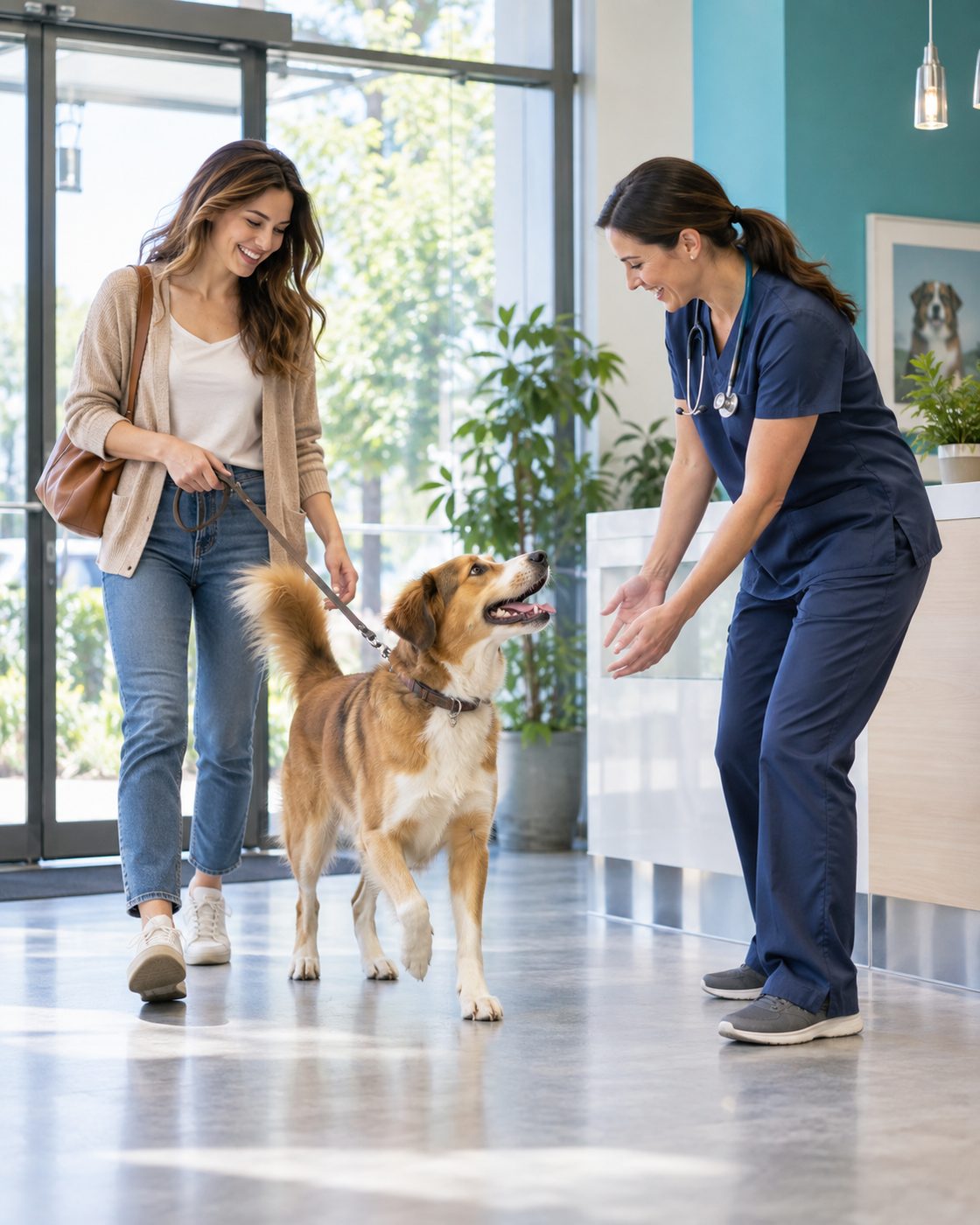 A veterinarian welcoming a pet owner and her dog to a veterinary visit