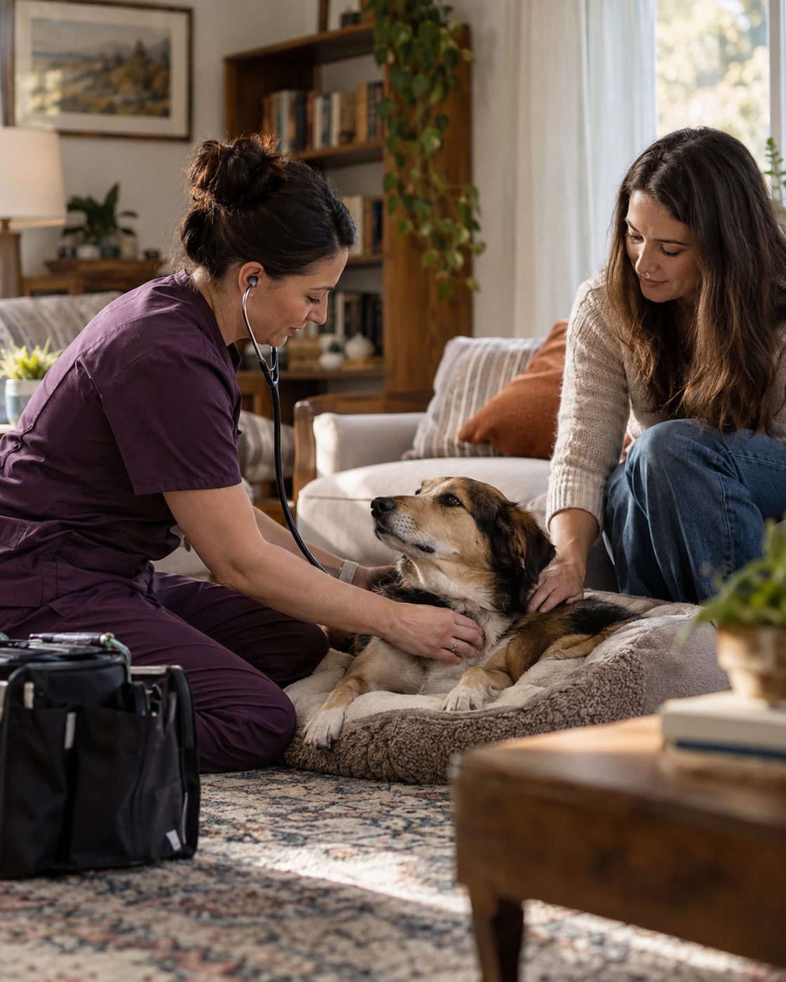 A mobile veterinarian examining a dog in the family's home