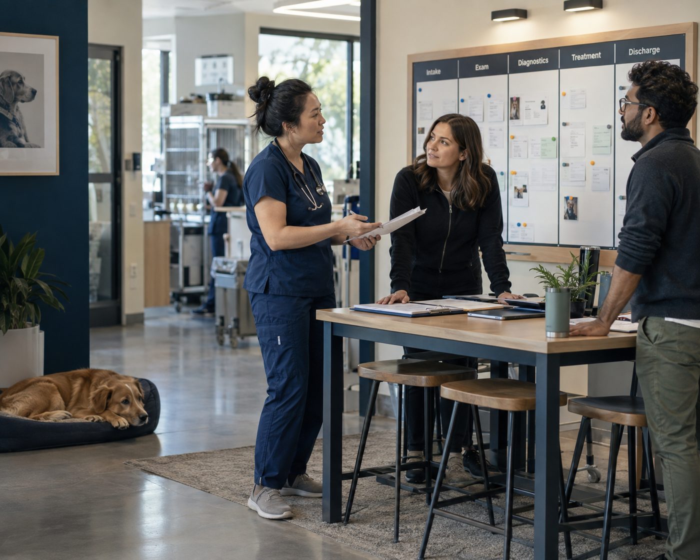 A veterinary operations team coordinating a patient care handoff